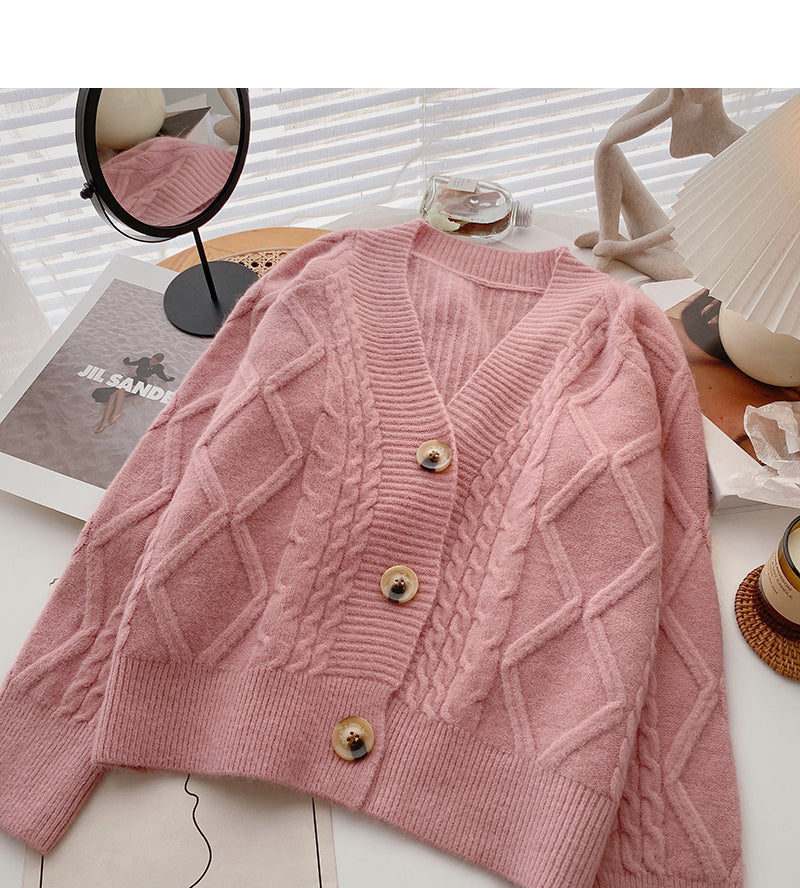 Single breasted Vintage loose V-Neck Sweater Coat  6171