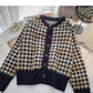Small fragrance retro color matching thousand bird lattice long sleeve top  5942