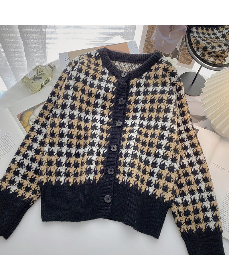 Small fragrance retro color matching thousand bird lattice long sleeve top  5942