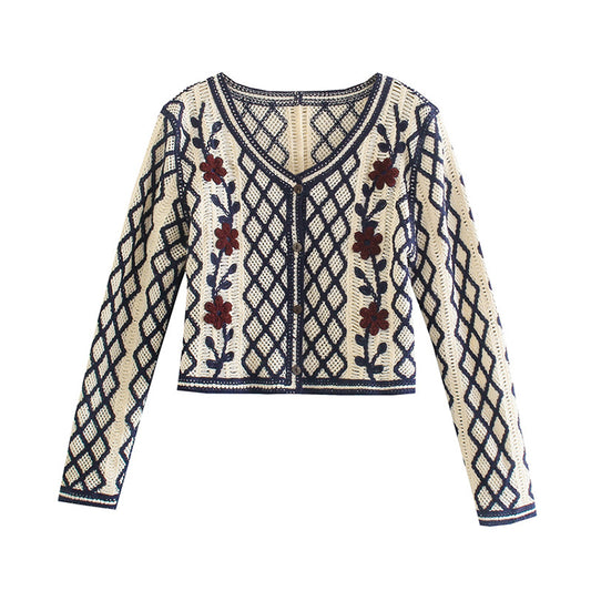 French Vintage flower embroidery sweater  7462