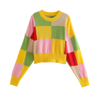 New Vintage Plaid color matching Pullover Sweater women's sweater 7523 ...
