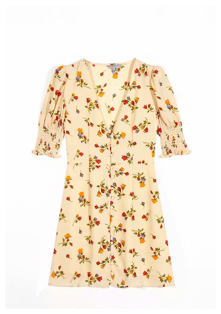 Kleid 7037 mit französischem V-Ausschnitt und frischem Blumenmuster im Retro-Stil
