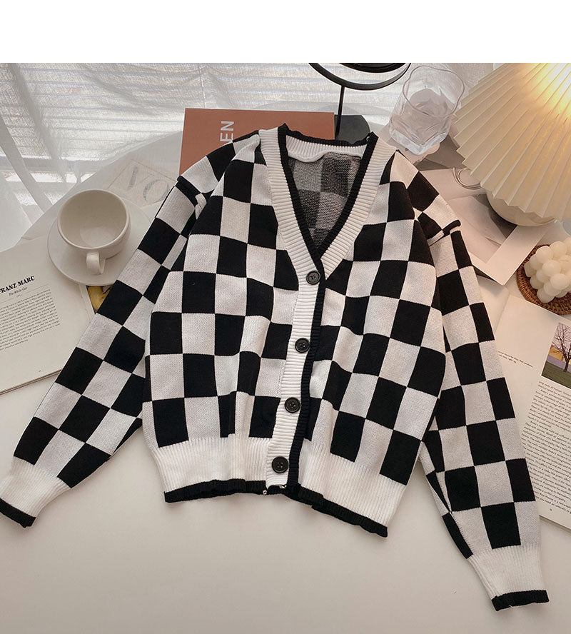 Knitted coat versatile casual V-Neck long sleeve Plaid top  6505