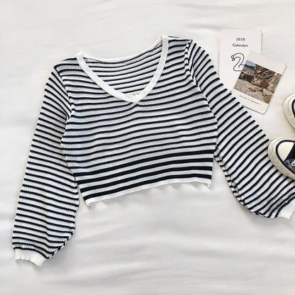 Kleiner Strickpullover mit frischen Streifen Lantern Sleeve Short Top 6543