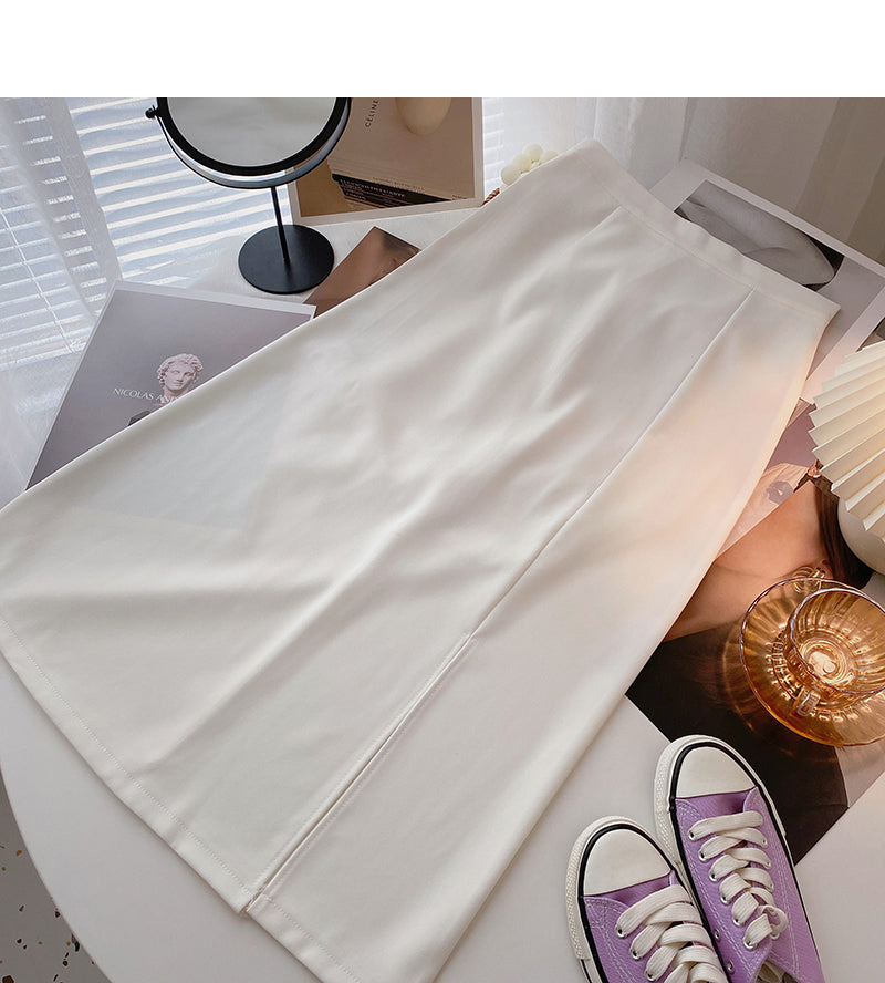 Hong Kong style retro solid color split high waist A-line skirt  5828