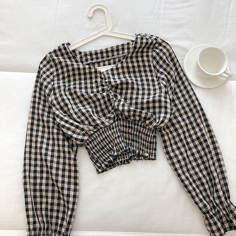Korean girls' sweet little Plaid Shirt  6249