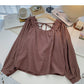 Small design bandage square neck thin long sleeve loose top  6317