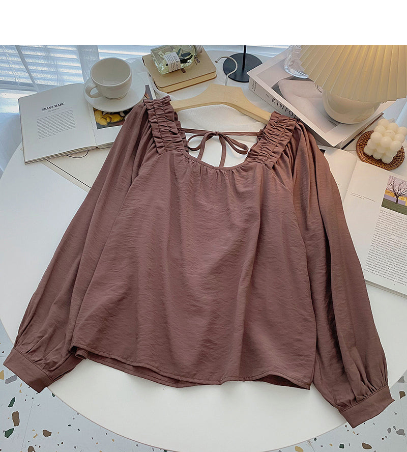 Small design bandage square neck thin long sleeve loose top  6317