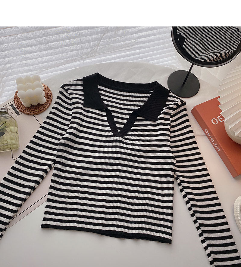 T-shirt Lapel stripe contrast color shows thin slim top fashion  6538
