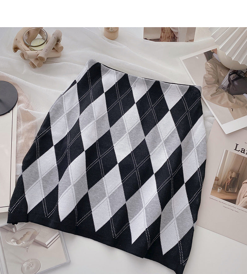 Jupe portefeuille taille haute à carreaux rhombiques de couleur contrastée rétro paresseuse 5569