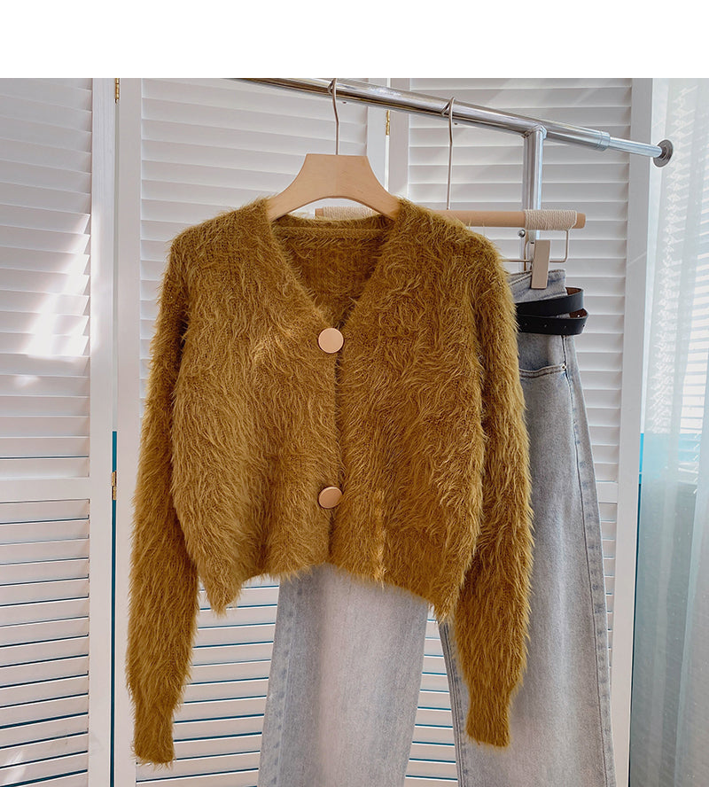 Mohair sweater gentle temperament solid V-neck short long sleeve  6138
