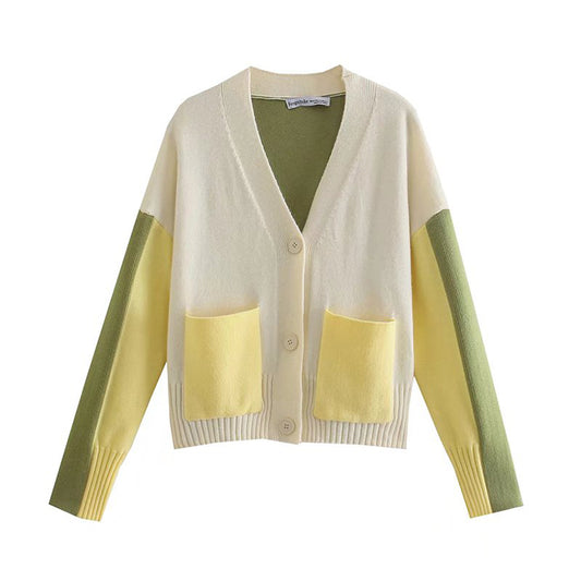 Cardigan tricoté à col en V et à couleurs contrastées, pull ample et paresseux 7418