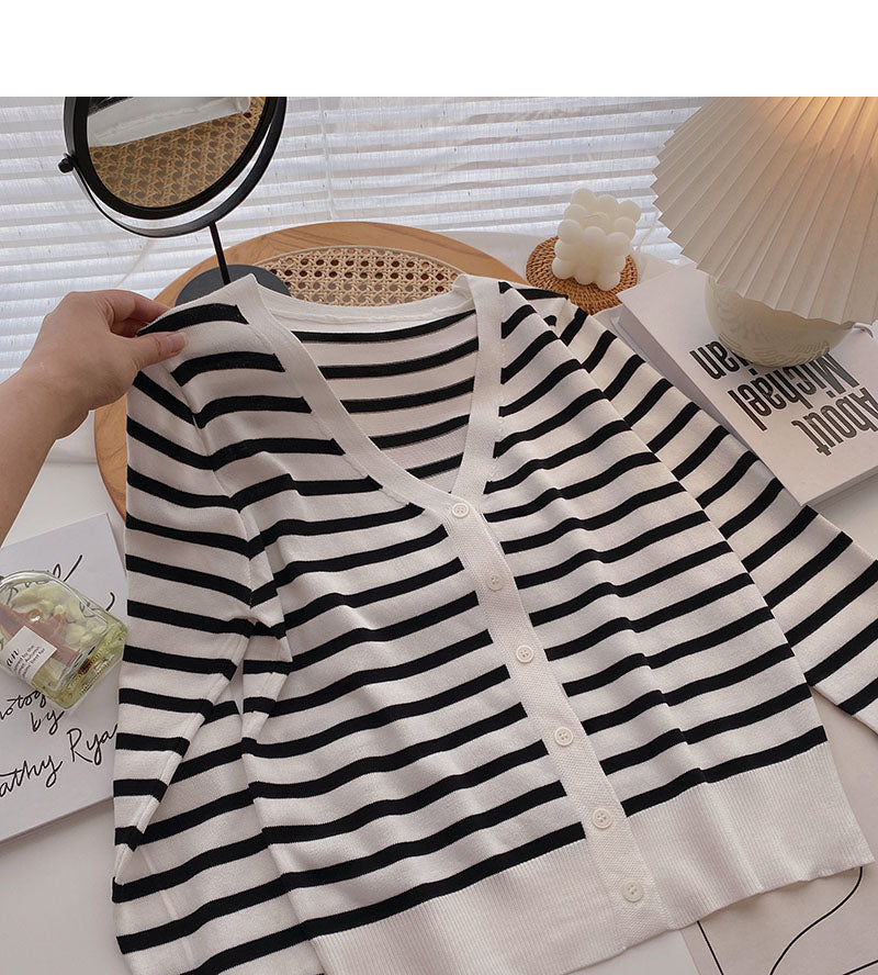 Long sleeve knitted stripe coat casual V-neck top  6518