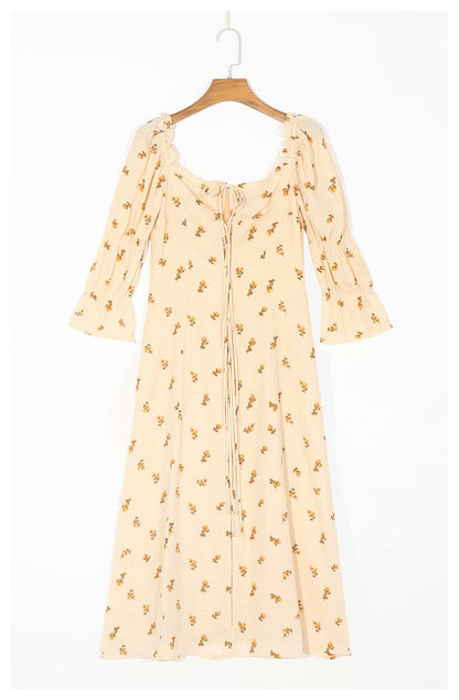 French girl style square neck bow tie lace up bubble sleeve Floral Dress  7044