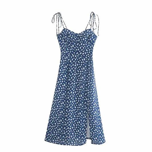 Robe mi-longue fendue avec ourlet dos nu et lacets aux épaules 7129