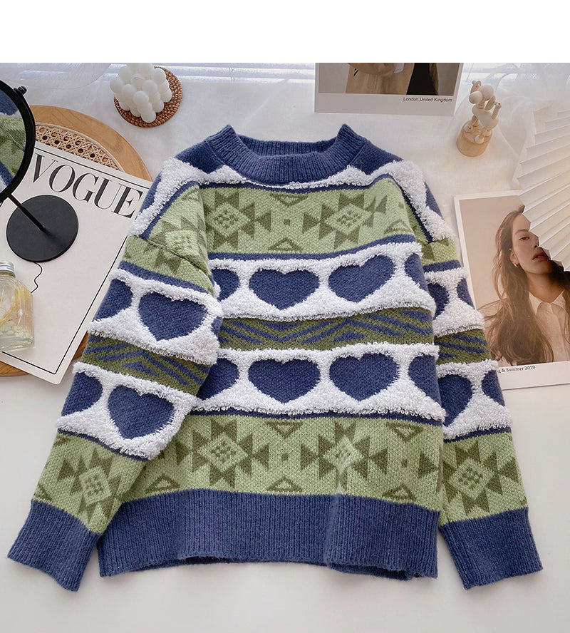 Fleece Kontrastfarbe Love Pullover Langarm Pullover Top 6151