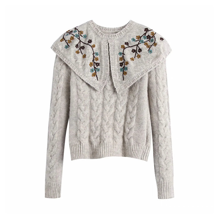 Pullover mit Puppenhalsausschnitt und Blumenstickerei in schwerer Industrie 7220