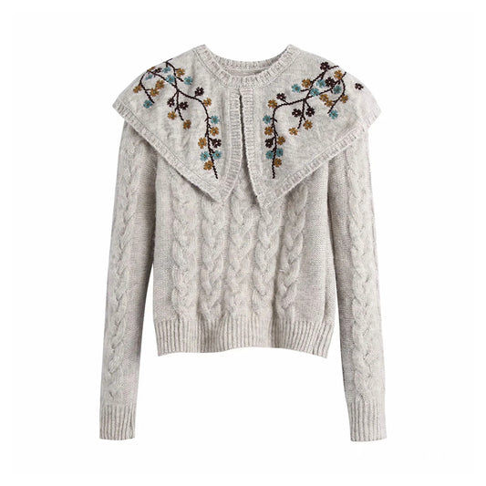 Pull col poupée brodé de fleurs de l'industrie lourde 7220