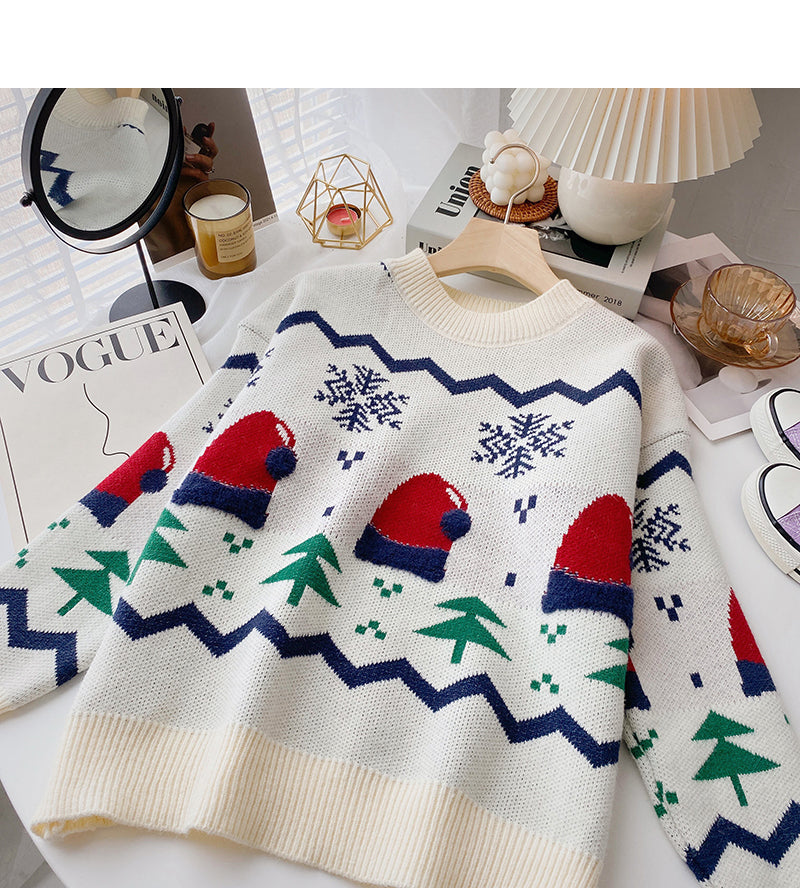 Weihnachtsmütze Jacquard Kontrast Pullover Langarm Pullover Top 6161