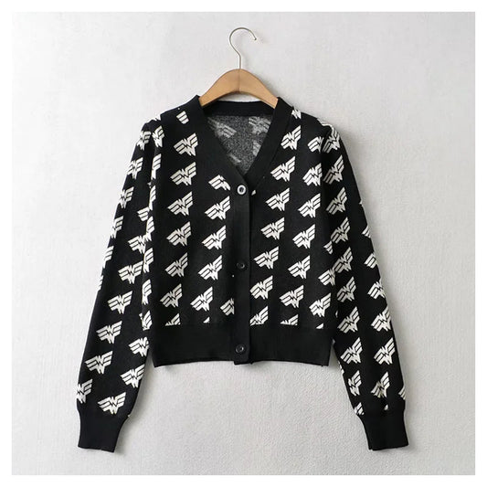 Manteau cardigan en maille jacquard à col en V et boutonnage 7404
