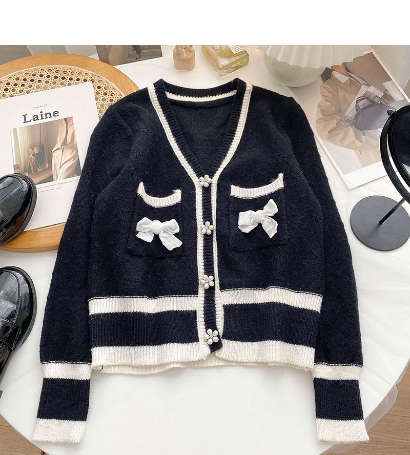 Small fragrance retro nail bead color matching V-neck bow top  6034