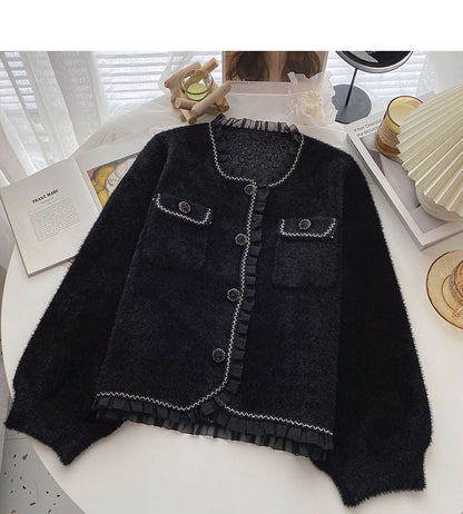 French Style Lace Edge round neck long sleeve top  6049