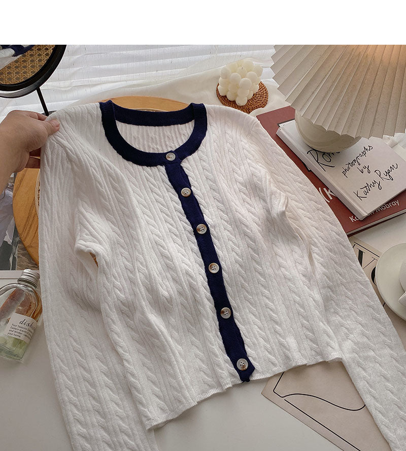 Knitted crew neck cardigan, versatile lazy long sleeve short top  6656
