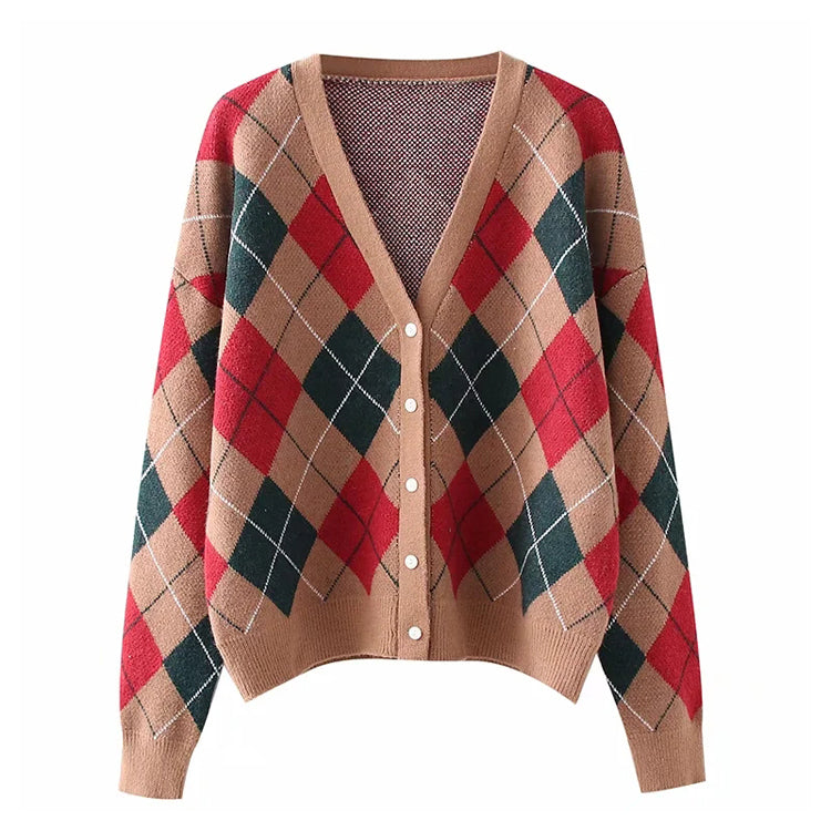 V-neck diamond check button long sleeve loose knit cardigan coat  7362