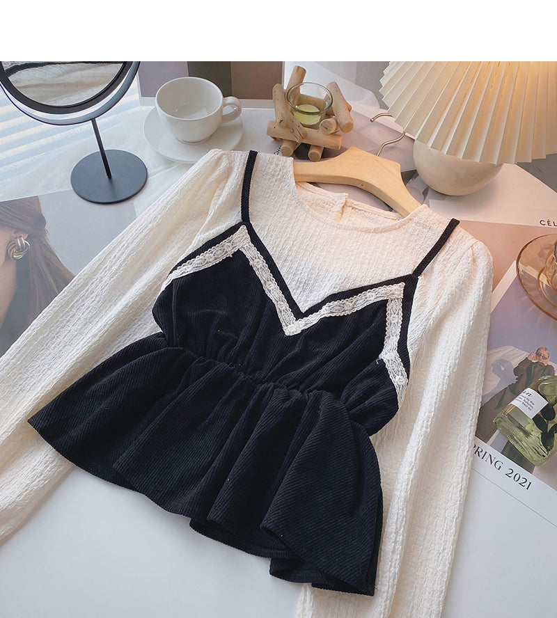 Vintage shirt with thin waist stitching fake two tops  6387