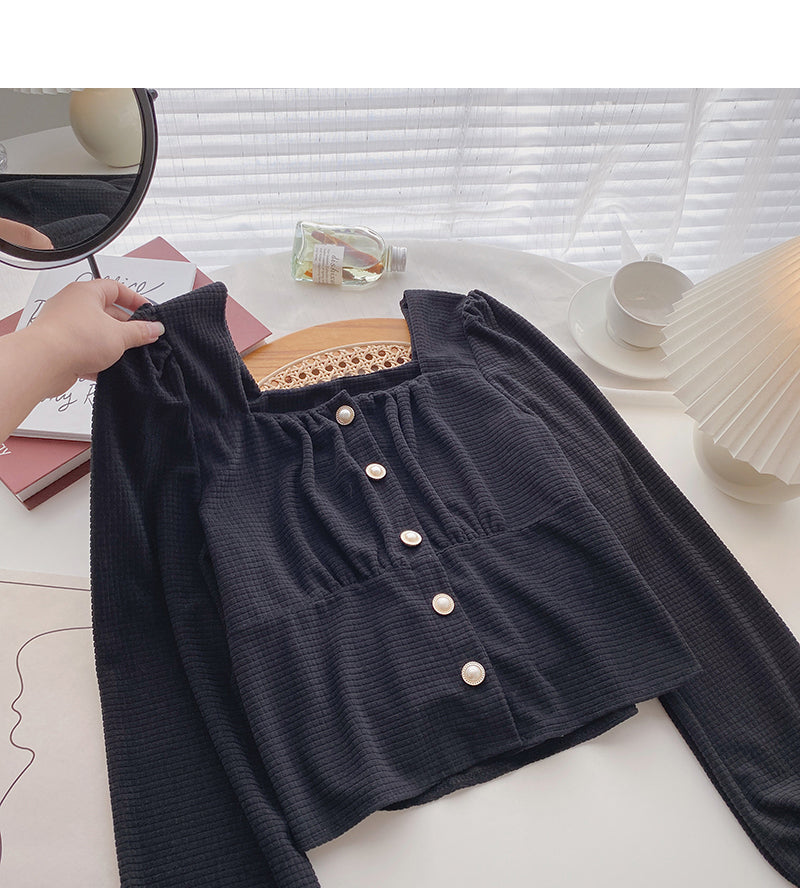 Small minority design Vintage pearl button square collar thin blouse  6306