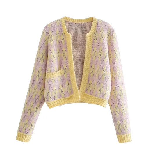 Veste cardigan polyvalente à carreaux en losanges 7479