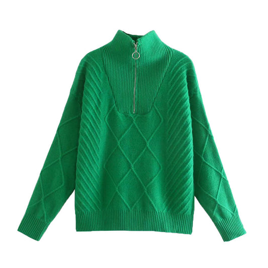Pull ample à col montant, fermeture éclair, manches longues, torsadé, paresseux, 7199