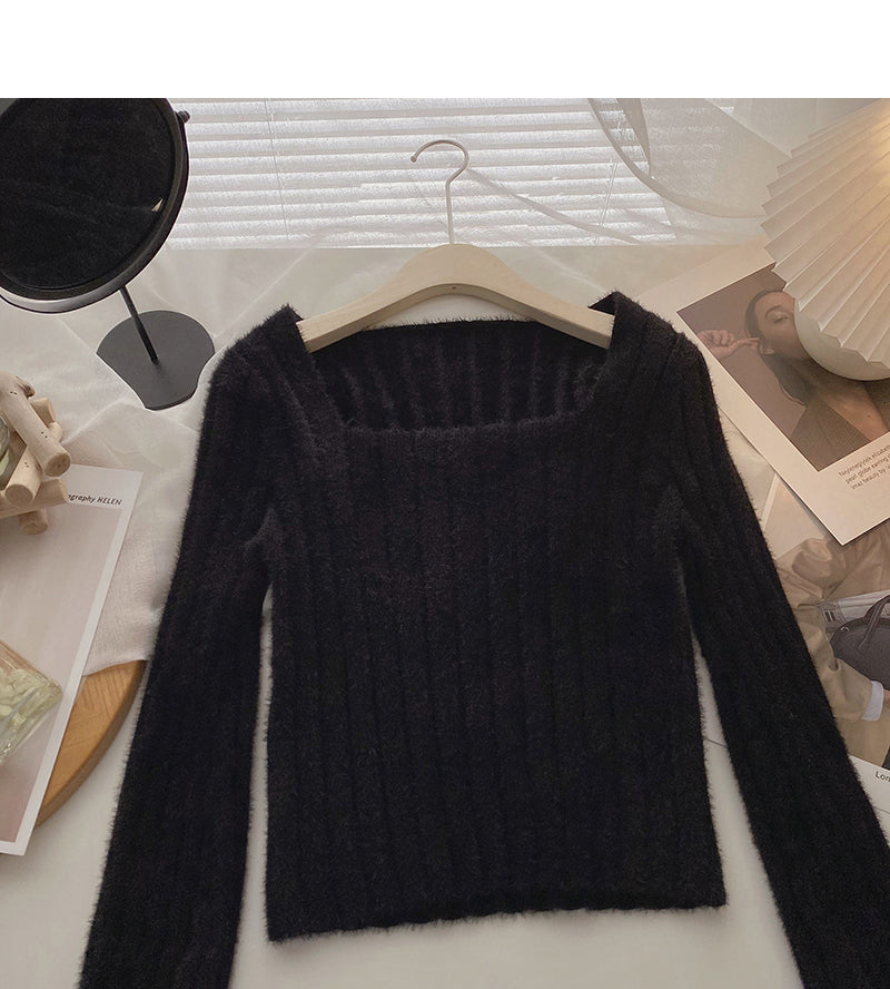 Niche design pit stripe sweater slim square neck top  6156