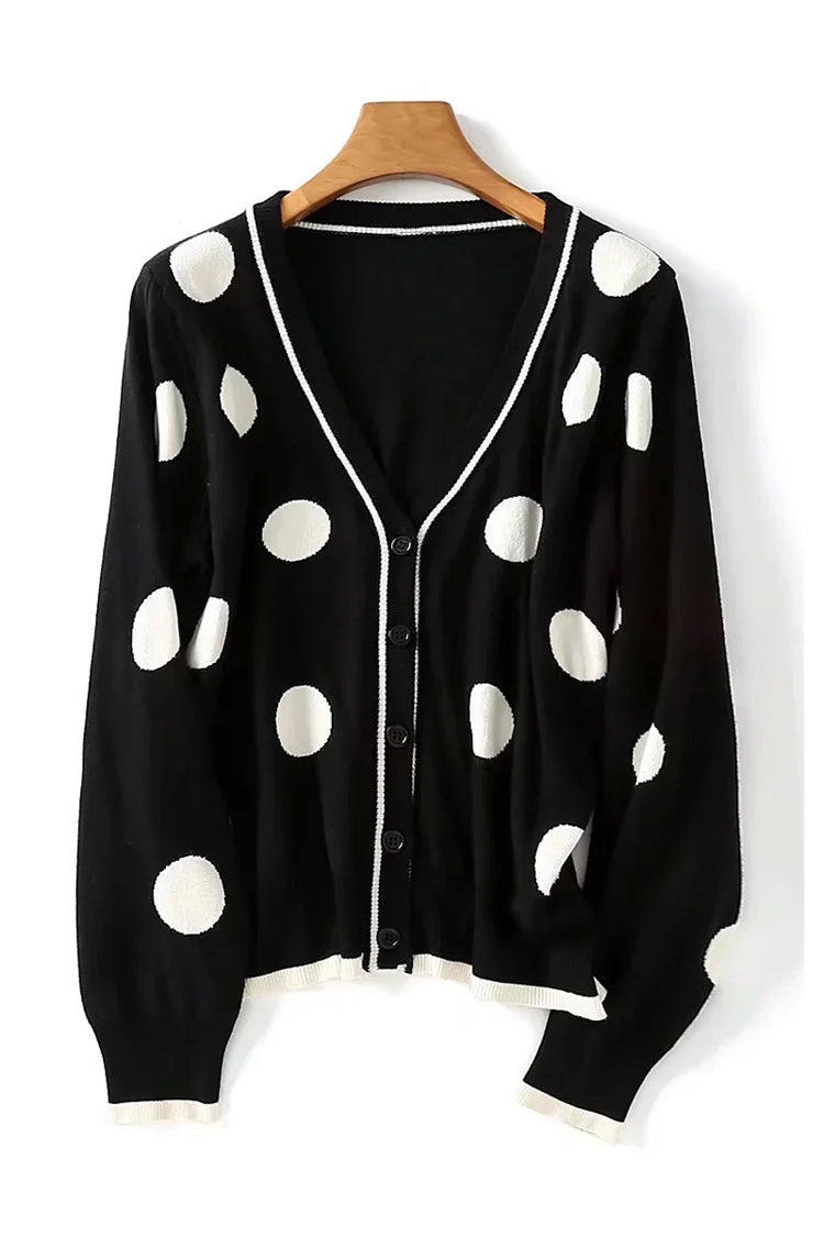 Vintage Dot Schwarz-Weiß-Kontrast V-Neck Sweater Cardigan Jacket 7419