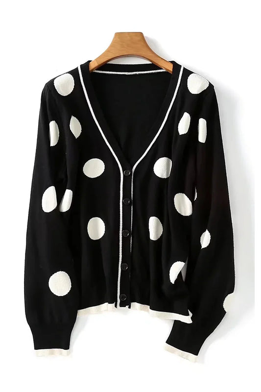 Veste cardigan vintage à col en V avec contraste noir et blanc à pois 7419