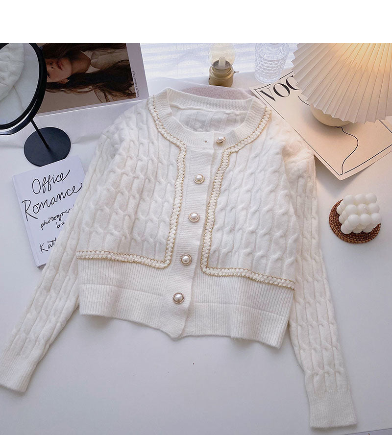 Vintage pearl buckle design sense hemp short long sleeve top  5856
