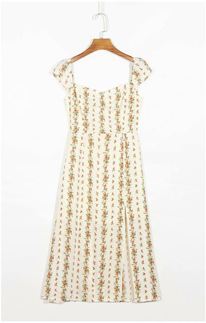 Ruffle floral print split strap Knee Length Dress  7098