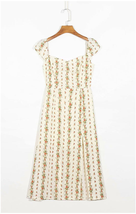 Robe mi-longue à volants et bretelles fendues à imprimé floral 7098