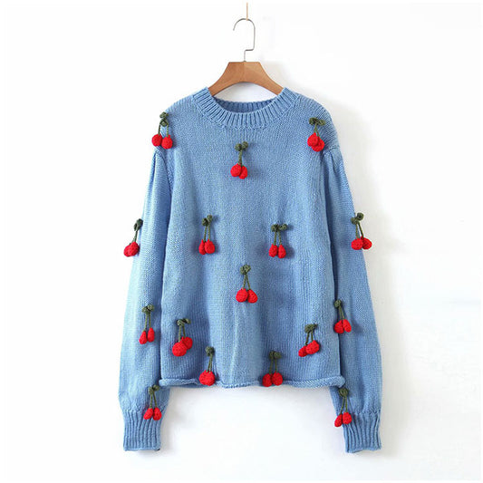 Pull col rond cerise pull à fond ample mode pull pull 7208