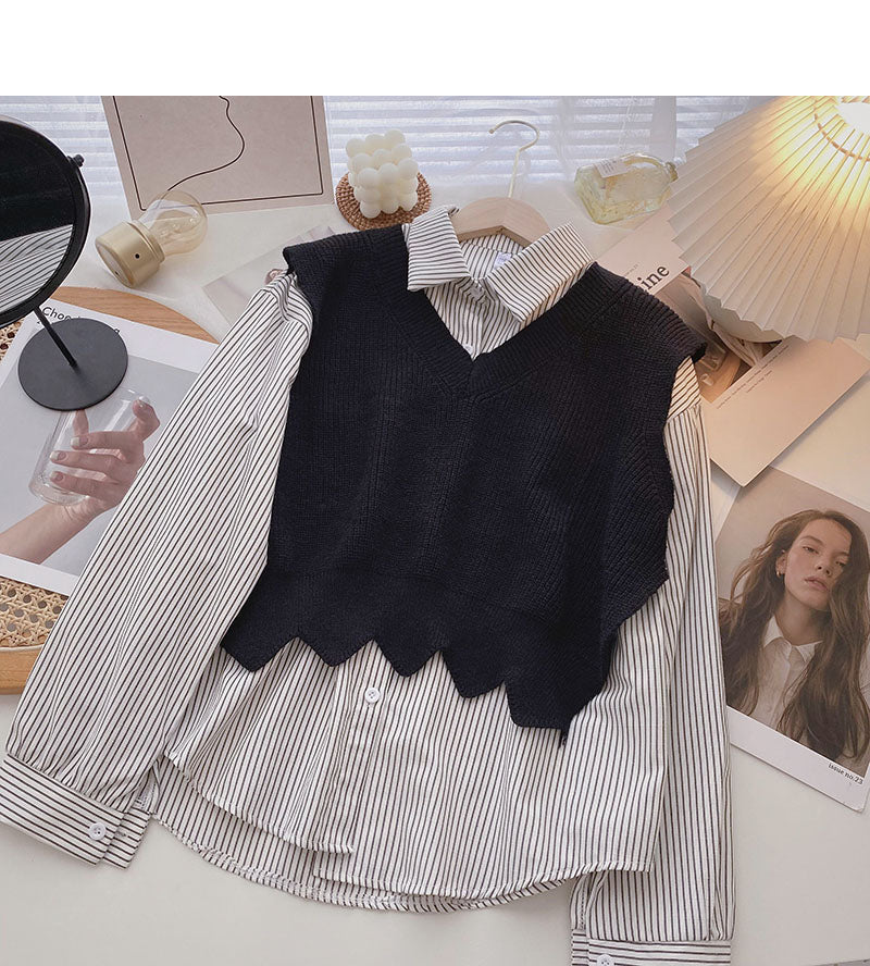 Fashion shirt stitching knitted vest fake two-piece top design  6327