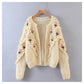 Cardigan à manches lanterne tissé à crochets à fleurs tridimensionnelles, manteau pull 7379