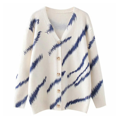 Lazy Style bedruckte Strickjacke mit V-Ausschnitt 7309