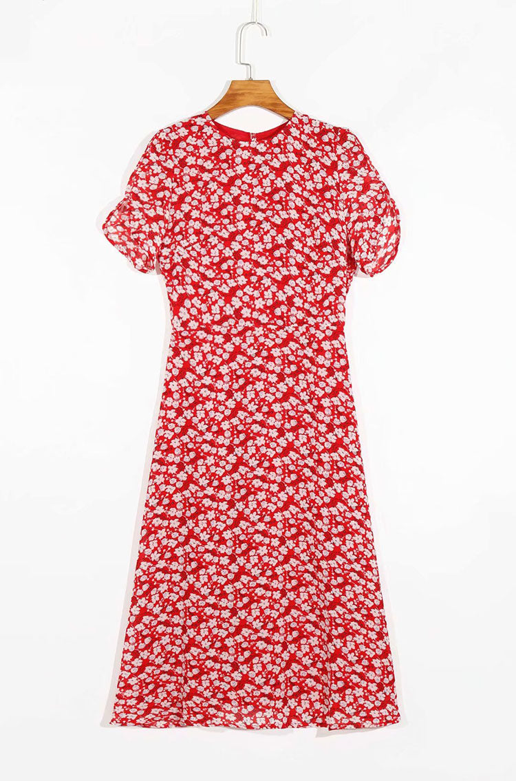 French gentle and elegant retro floral bubble sleeve dress  7065