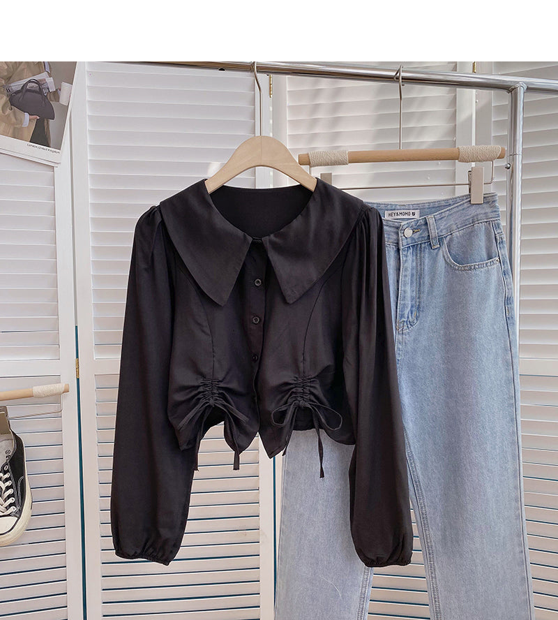Baby collar single breasted shirt drawstring short slim top  6376