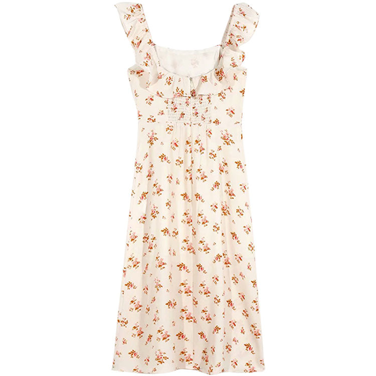 French gentle first love elastic wrinkled girl broken flower knee dress  7092