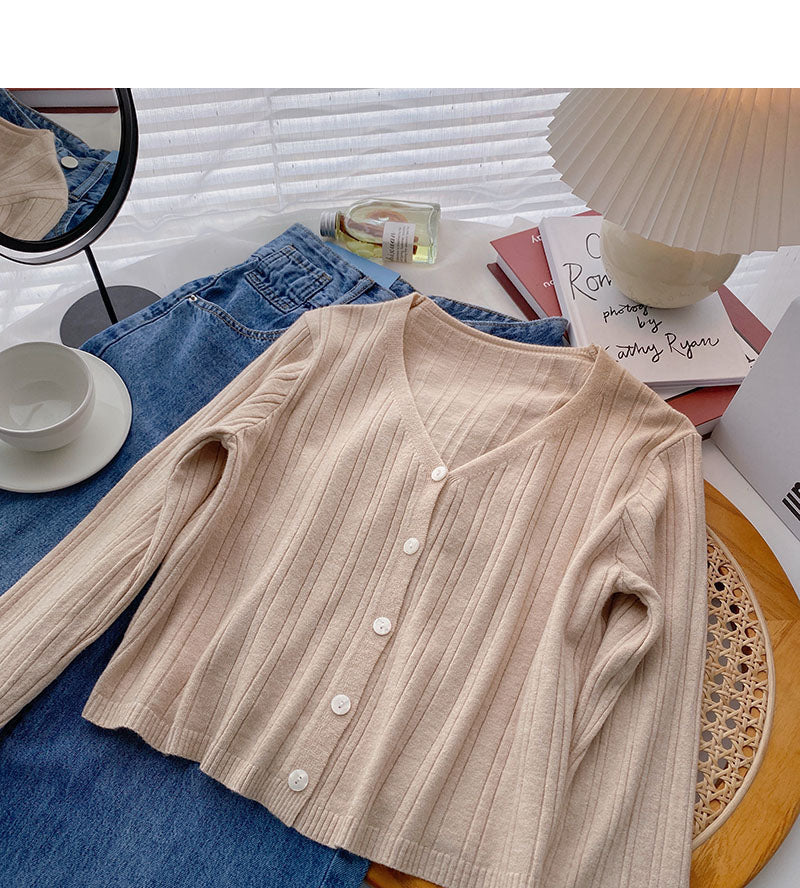 Temperament V-neck short long sleeve versatile top  6464