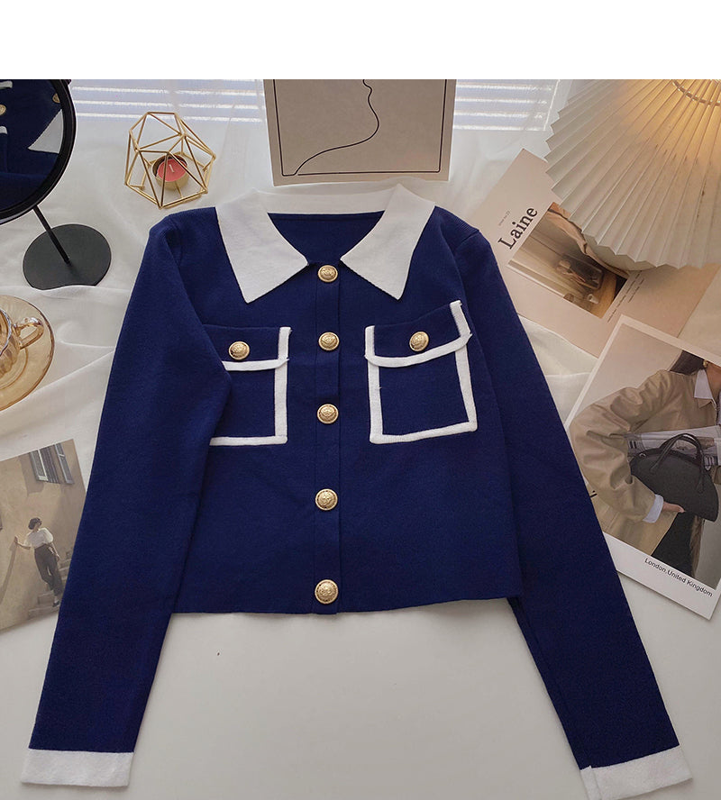 Knit cardigan design contrast color long sleeve top  6584