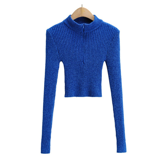 Einfarbiger Pullover mit halbhohem Kragen und Reißverschluss 7175