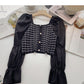 French bubble sleeve square neck Plaid top  6322