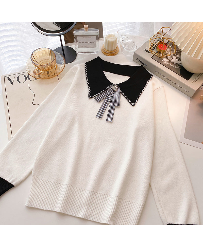 Long sleeve T-shirt design sense nail bead contrast bow top  6605